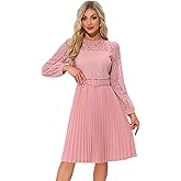 Allegra K Women's Pleated Dress Casual Long Sleeves Belted Wedding Guest Floral Lace Dress