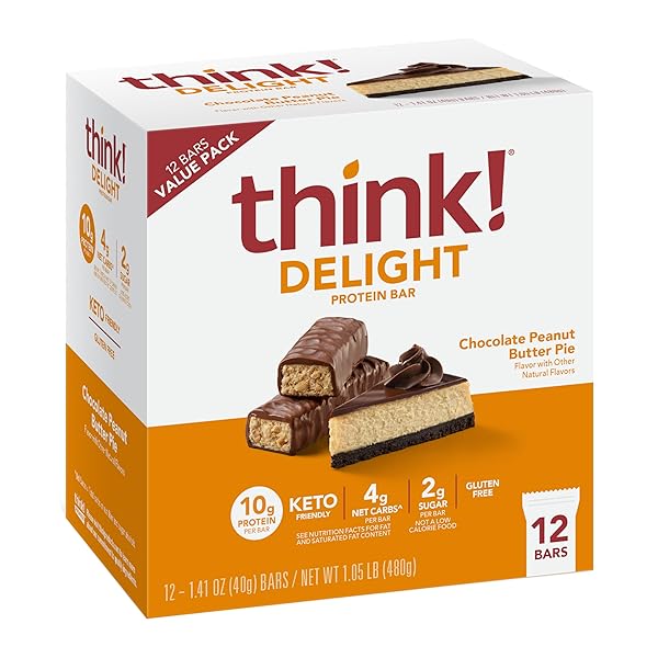 THINK! DELIGHT PROTEIN BARS, CHOCOLATE PEANUT BUTTER PIE, LOW SUGAR & LOW CARB GLUTEN-FREE SNACK, KETO FRIENDLY SNACKS, 12 COUNT (PACKAGING MAY VARY)