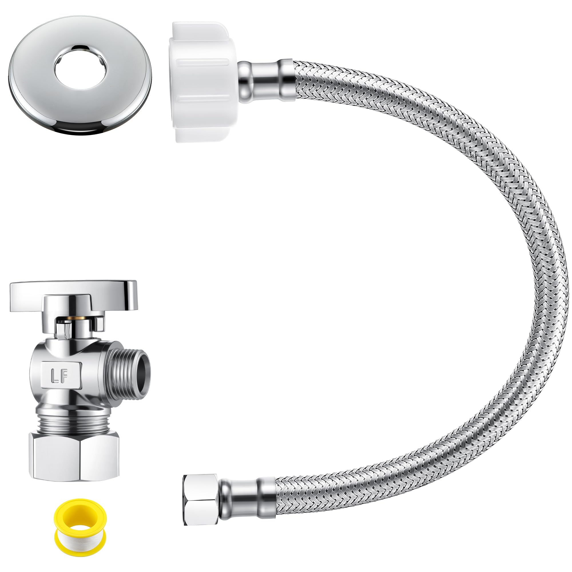 Photo 1 of 1 Pack Complete Toilet Valve Set, Includes 1/2 inch Nom Inlet x 3/8 Inch OD Compression Outlet Angle Shut Off, Stainless Steel Toilet Water Supply Line, Escutcheon Plate, Sealing Tape (16" Hose)