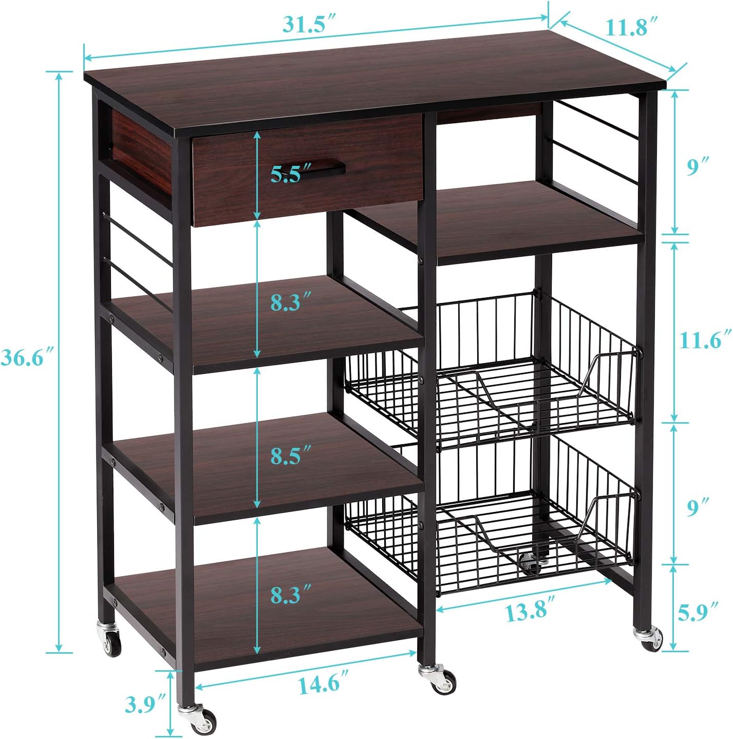 VECELO Kitchen Baker's Rack 36.6" Storage Shelf Organizer, Microwave Oven Stand, Utility Cart on Wheels, Black Walnut: Home & Kitchen