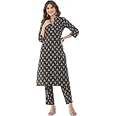 Janasya Indian Women's Cotton Black Floral Print Casual Wear Kurta Set for Women