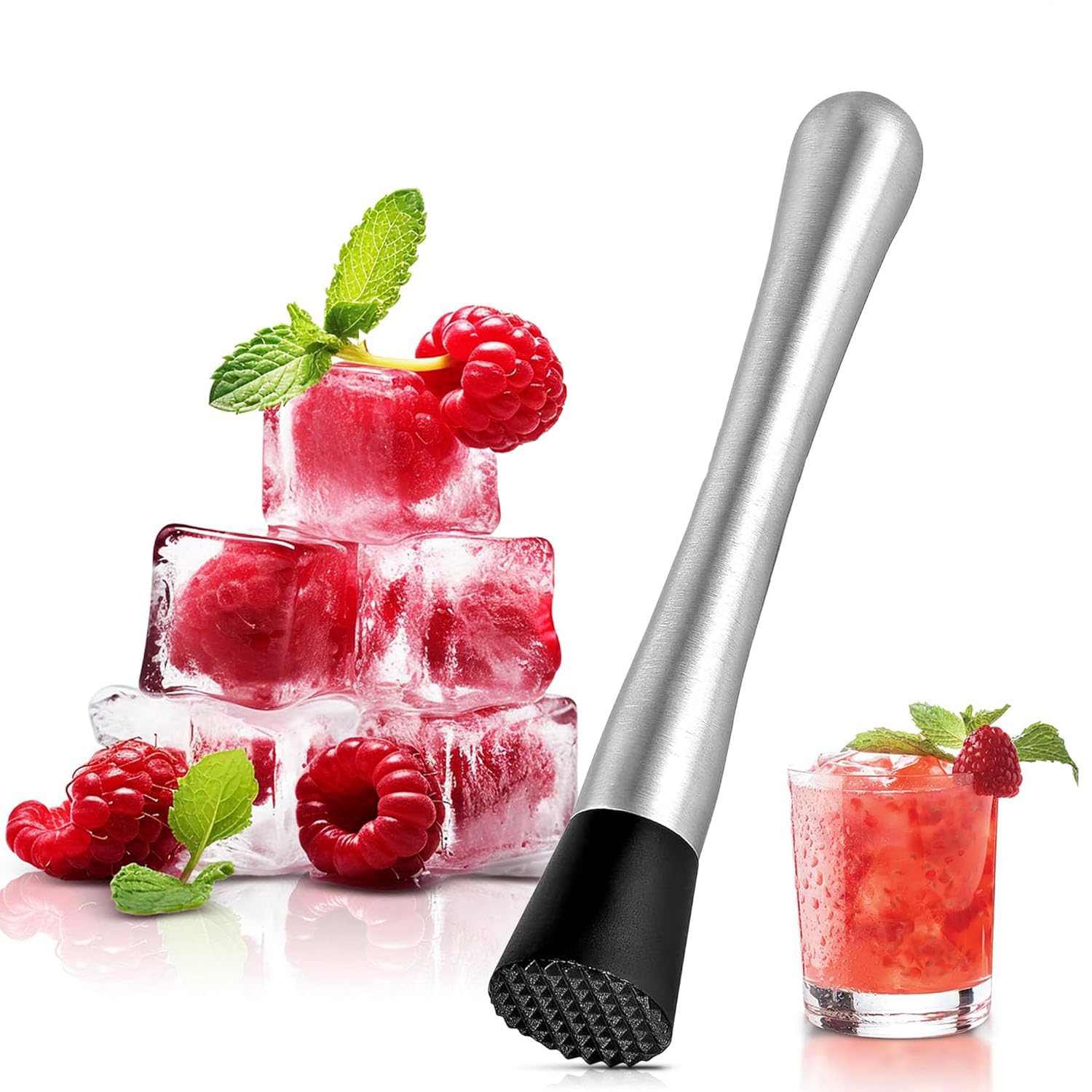 Professional Cocktail Muddler - Stainless Steel Ice Crusher, Multifunctional Mixer Pestle, Cocktail Muddler, for Debugging Delicious Cocktails, Mojito, Drinks and Juices (20 cm)