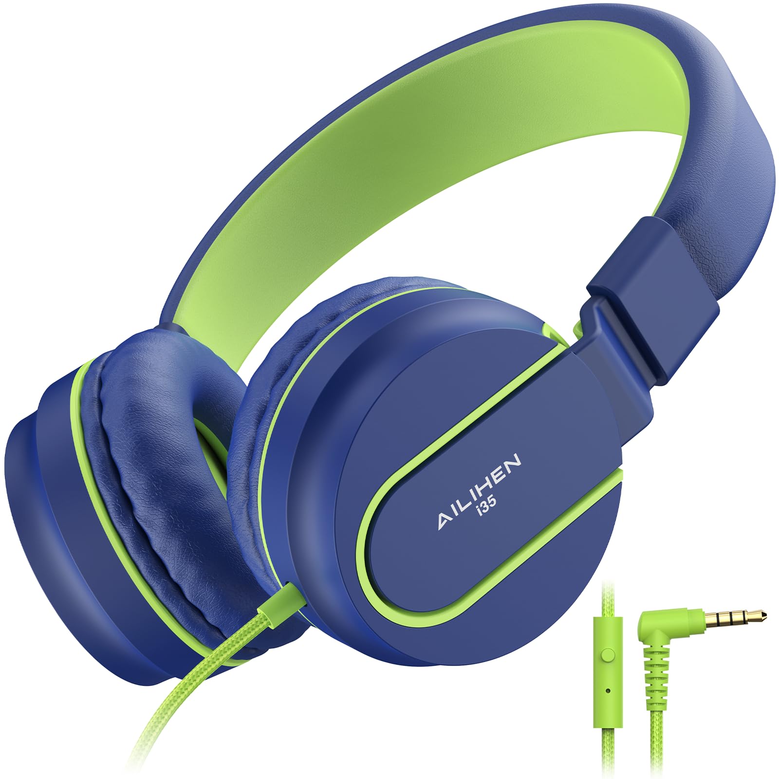 Ailihen I35 Kid Headphones with Microphone Volume Limited 93dB Children Girls Boys Teen Lightweight Foldable Wired Headset for School Online Course Chromebook Cellphones Tablets (Blue Green)