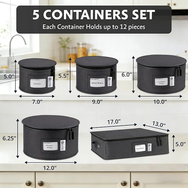 CHINA STORAGE HARD SHELL CONTAINERS 5-PIECE SET MOVING BOXES FOR DINNERWARE, GLASSES, PLATES, MUGS AND SAUCERS STURDY DISH ORGANIZER WITH DIVIDERS FOR SEASONAL STORAGE – SERVICE FOR 12 – BLACK QUILTED