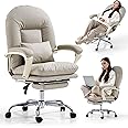 EMIAH Ergonomic Office Chair with Foot Rest Criss Cross Chair with Wheels Reclining Executive Office Chair Mid Back PU Leather Swivel Desk Chair Lumbar Support for Home Office (Beige)