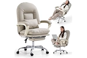 EMIAH Ergonomic Office Chair with Foot Rest Criss Cross Chair with Wheels Reclining Executive Office Chair Mid Back PU Leather Swivel Computer Chairs Lumbar Support for Home Office (Beige)