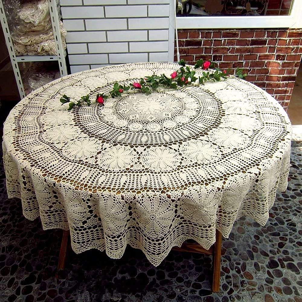 USTIDE 150cm Crocheted Lace Tablecloth Round Gorgeous Wedding/Party Tablecloth Vintage Dining Kitchen Table Cover — image 1