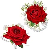 ElevateTech 2pcs Red Rose Corsage and Boutonniere Set Wrist Corsage Wristlet Band Bracelets Men Boutonniere for Prom Decor Wedding Flowers Accessories Party Suit