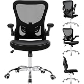 Ergonomic Office Chair, Adjustable PU Leather Computer Desk Chair with Lumbar Support, Flip-Up Arms, Breathable Mesh Back, 360&deg; Swivel Rolling Executive Chair for Home Office, Black