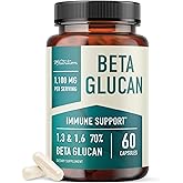 Beta Glucan Supplement 1100mg for Immunity, Skin & Gut Support | 1,3D & 1,6 Beta Glucans Extra Strength Formula | 85% Concentrated & Over 500mg Per Capsule | Non-GMO, Vegan, Gluten-Free 60ct