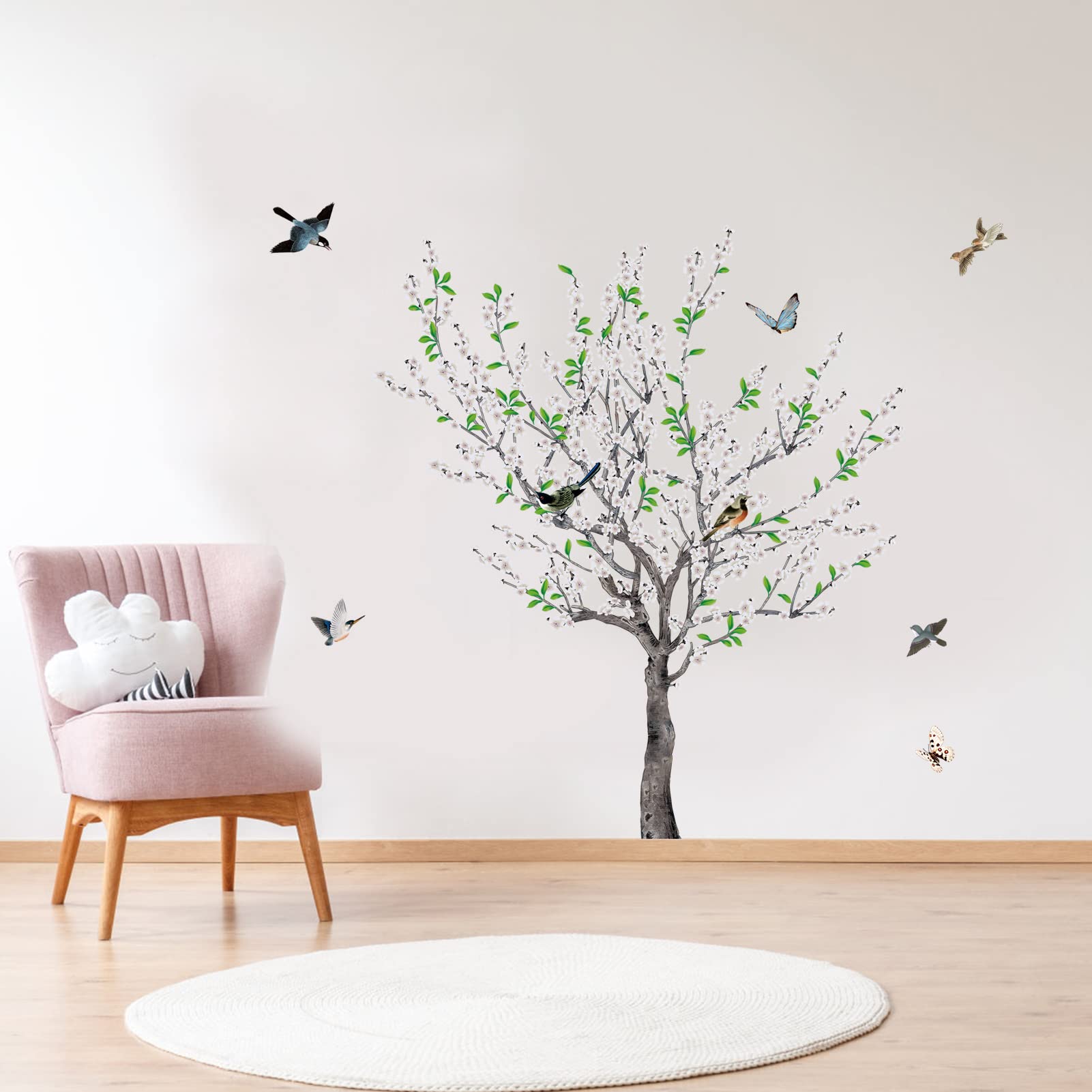 AnFigure White Plum Blossom Tree Wall Stickers Living Room Bedroom Sofa Backdrop TV Leaves Wall Decals Birds Branch Nature Plant Flower Wall Sticker Family Tree Wall Decal Home Wall Decor (Tree H:39")