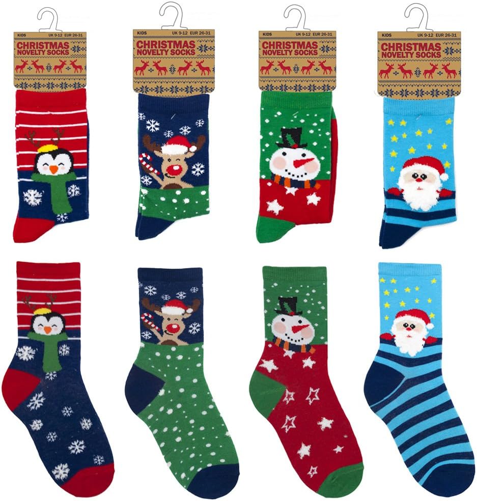 Kids/Childrens 4 Pack Colourful Fun Cotton Rich Novelty Xmas Christmas Socks 3 Sizes
