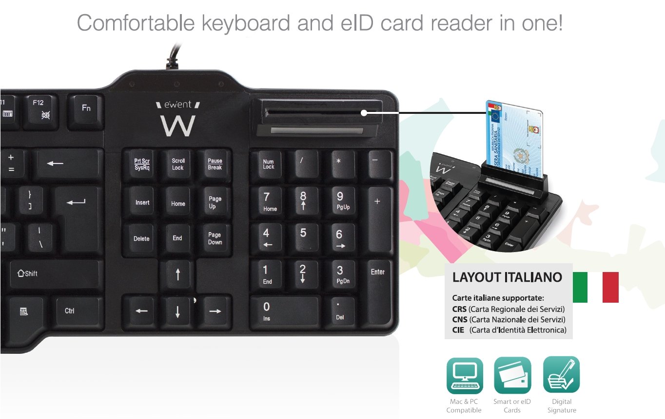 Ewent Ew3251 Tastiera Usb Italiana Con Lettore Di Smart Card Crs Cns Cie Colore Nero