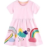 Hongshilian Toddler Girls Cotton Casual Dress Cartoon Print Short Sleeve Dress Girls Summer Sundress 2-7 Years
