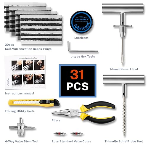 Flat Tire Repair Kit with Plugs 31 Pcs for Car, Motorcycle, ATV