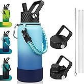 BJPKPK 32oz Insulated Water Bottles with 3 Lids, Paracord Handle & Non-slip Boot, Stainless Steel Metal Water Bottle,Reusable BPA Free Thermal Flasks, Tumblers, Sky