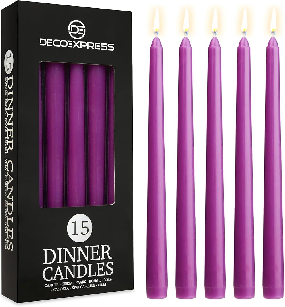 DECO EXPRESS Candles Set 15 Purple Tapered Dripless Unscented 8 Hr Burn Time