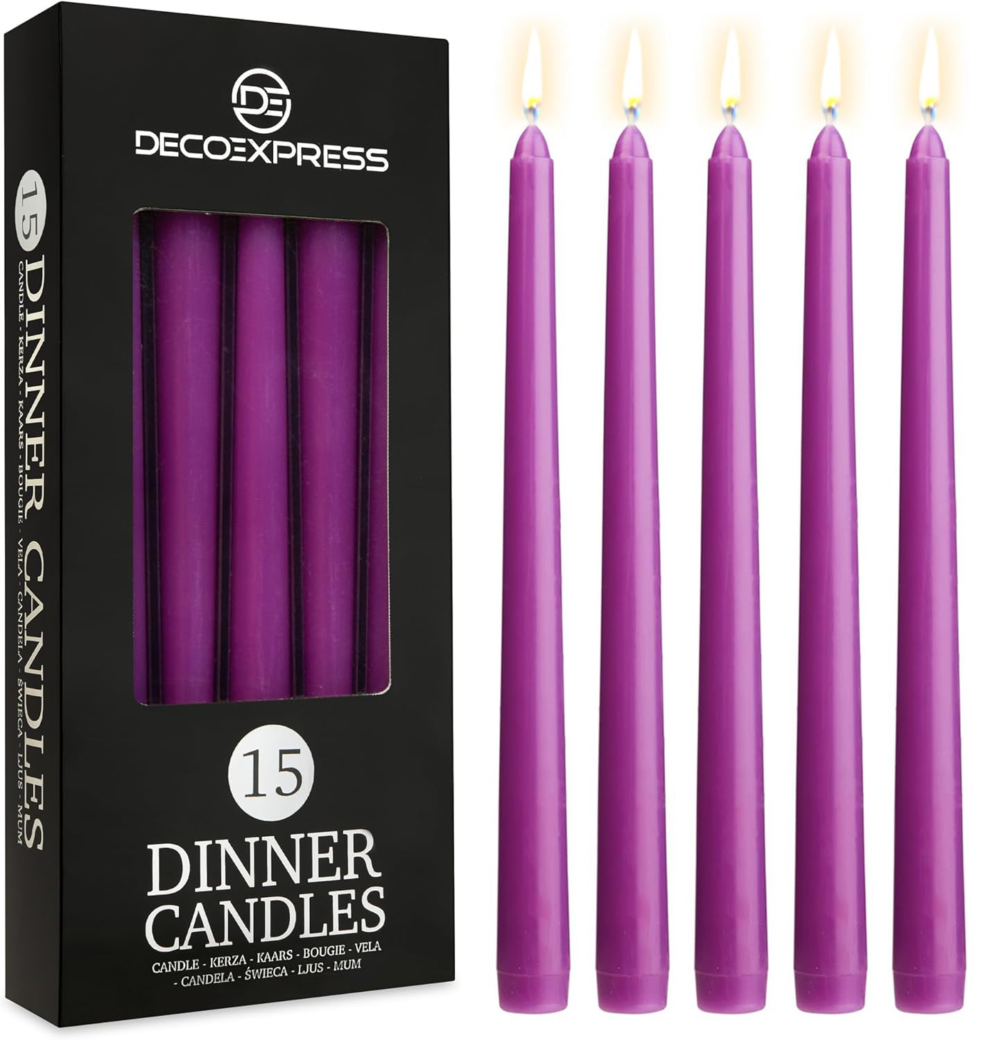 DECO EXPRESS Candles Set, Pack of 15 Classic Dripless Tapered Metallic Dinner Candles, Unscented with 8 Hours Burning Time, Home, Valentine’s Day & Mother’s Day Decor Idea (Purple, 15 Pack)
