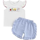 Kids Toddler Little Girls Back to School Outfit First Day of School Embroidery Ruffle Top and Plaid Shorts Set