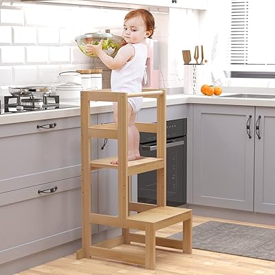 Buy Ambird Toddler Step Stool 3 Adjustable Height Kitchen Helper Stool For 18 48 Months Kids Wooden Toddler Kitchen Stool Helper With Rail Non Slip Mat For Kitchen Bathroom Sink Natural Color