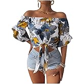 SweatyRocks Women's Ruffle Half Sleeve Off Shoulder Knot Front Floral Crop Blouses