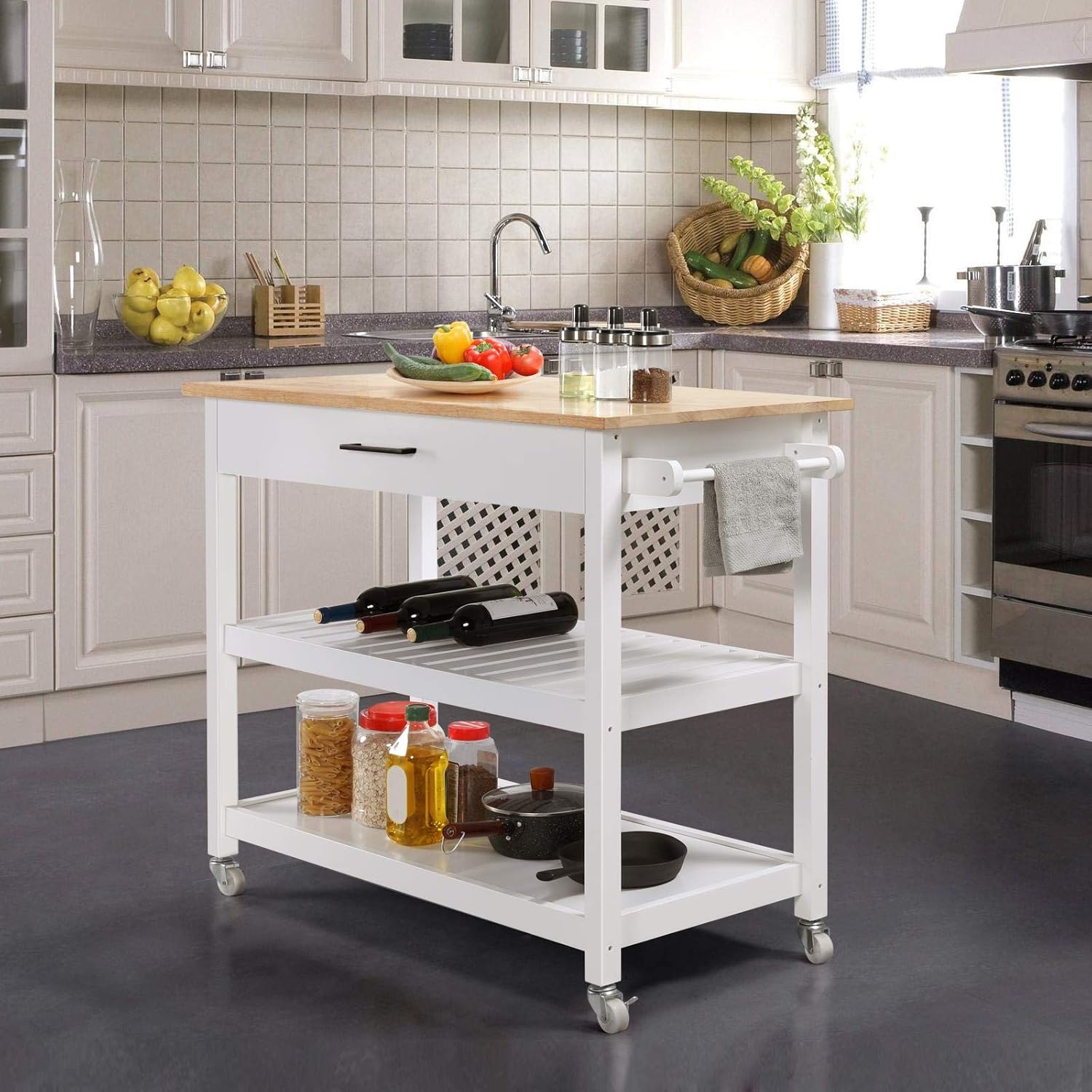 YAHEETECH Kitchen Island with Wheels, 3 Tier Rolling Kitchen Cart with 1 Drawer and 2 Spacious Storage Shelf Solid Wood Countertop, White - Kitchen Islands & Carts