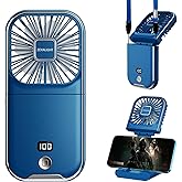 ZEXALIGHT USB Rechargeable Upgraded 5-in-1 Portable Handheld Fan, Necklace Fan, Mini Desk Fan, Foldable Phone Stand, 4 Speeds Airflow, Quiet Personal Fans with LED Digital Screen (Blue)