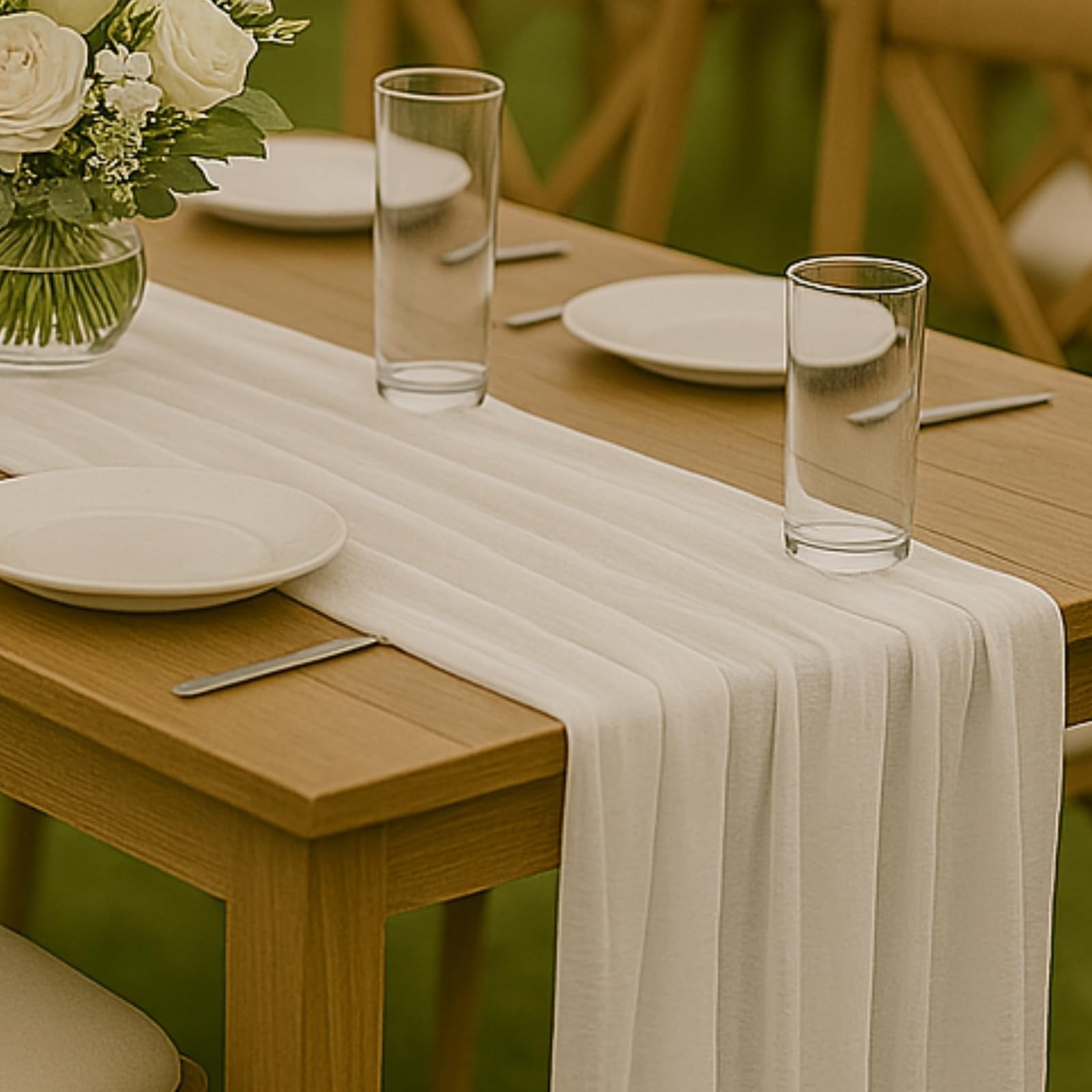 Photo 1 of 10FT Ivory White Cheesecloth Table Runner 120 Inch Rustic Boho Gauze Cheese Cloth Table Runner for Wedding Baby Shower Bridal Shower Birthday Party Home Decorations