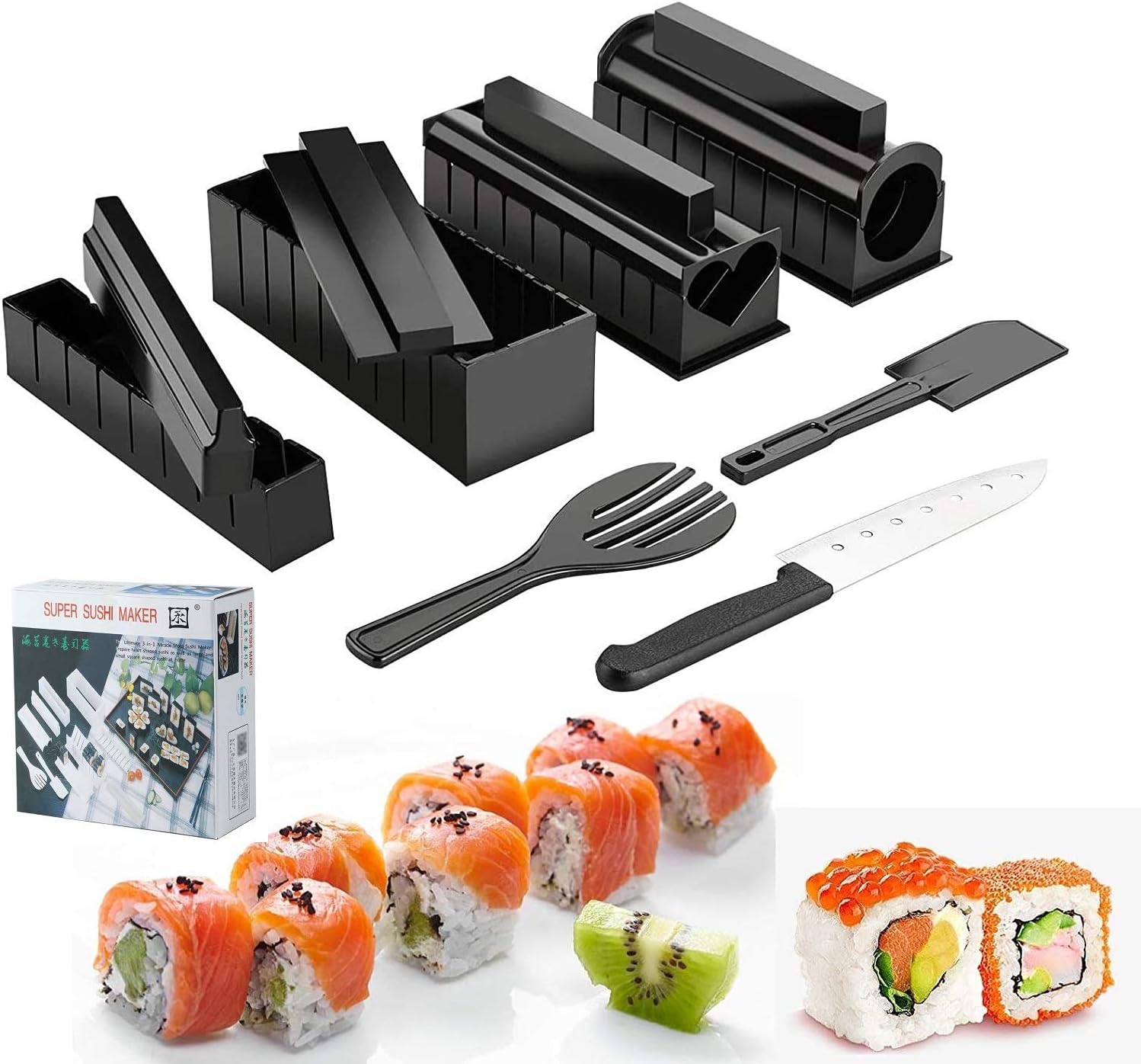 Sushi Making Kit, 13 Pcs All In One Sushi Maker Tools with Multiple Shapes Rice Mold & Sushi Knife, Easy Using Complete Sushi Set for Beginners and Professional DIY at Home, Red (Black-13 Pcs)