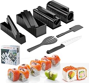 Sushi Making Kit, 13 Pcs All In One Sushi Maker Tools with Multiple Shapes Rice Mold & Sushi Knife, Easy Using Complete Sushi Set for Beginners and Professional DIY at Home, Red (Black-13 Pcs)