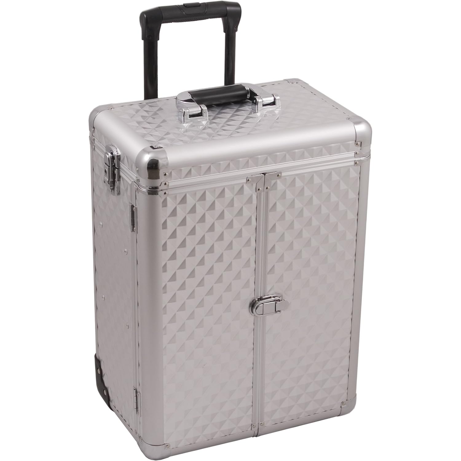 SUNRISE Professional Makeup Case on Wheels E6306 Aluminum, French Doors, 2 Large Drawers, Locking with Mirror, Silver Diamond