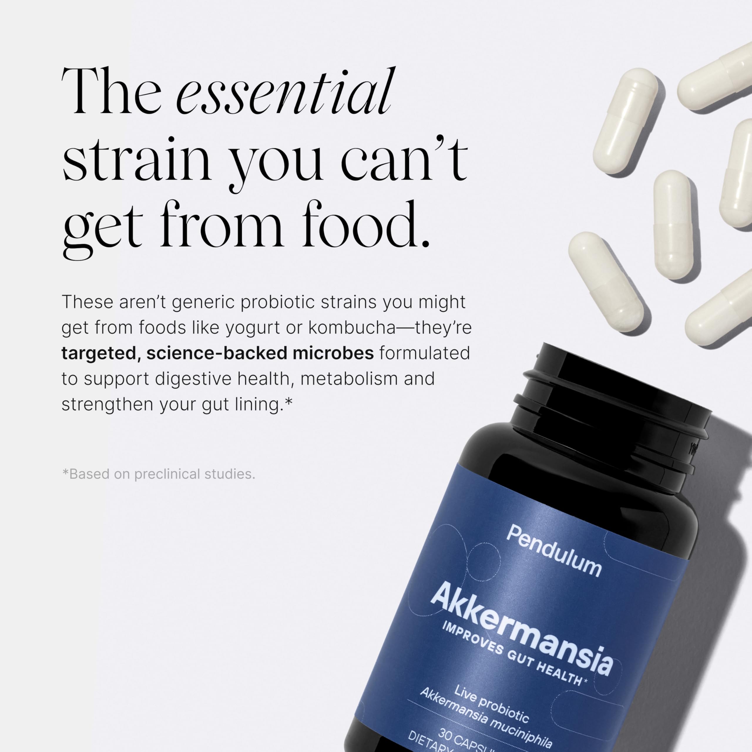 Pendulum Akkermansia Probiotic with Prebiotic Fiber - Increases GLP-1 Production, Delayed Release, Third-Party Tested, 100M AFU Live Strain for Gut Health for Men & Women (30 Capsules, 1-Pack)
