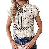 SweatyRocks Women's Bow Tie Neck Tops Cap Sleeve Blouses Elegant Polka Dots Print Work Top