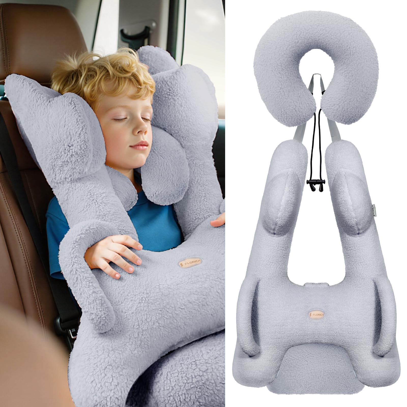 Photo 1 of FLORICH Kids Travel Pillow, Car Sleeping Travel Pillow for Kids, Removable H-Shaped Pillow for Adults and Children to Support Head and Body Road Trips with Neck Pillow and Blanket (Grey)
