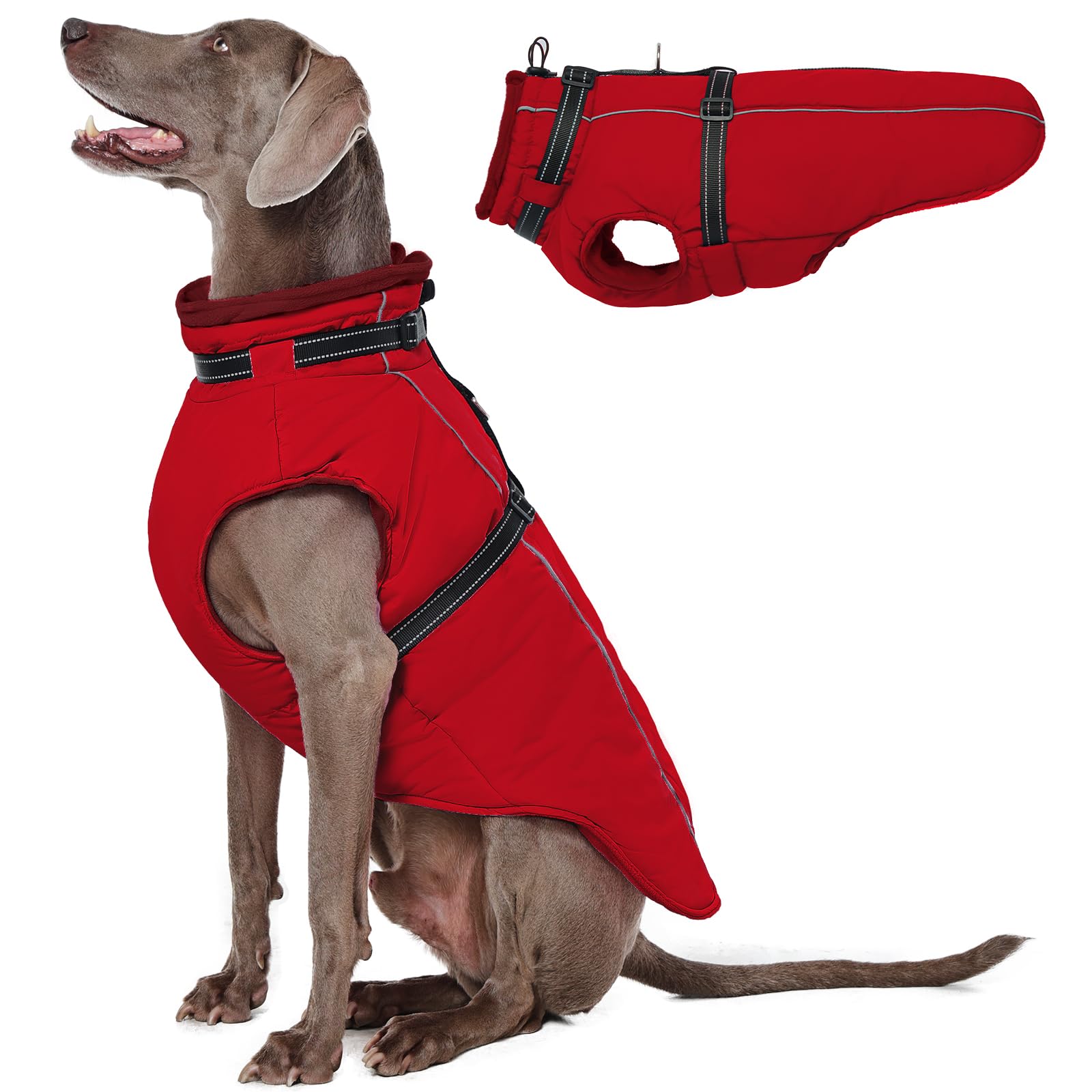 Lelepet Winter Warm Dog Jacket with Built-in Harness, Windproof Fleece Lined Coat for Large Dogs, Reflective Cold Weather Vest with Adjustable Buckle, Border Collie, Red XL