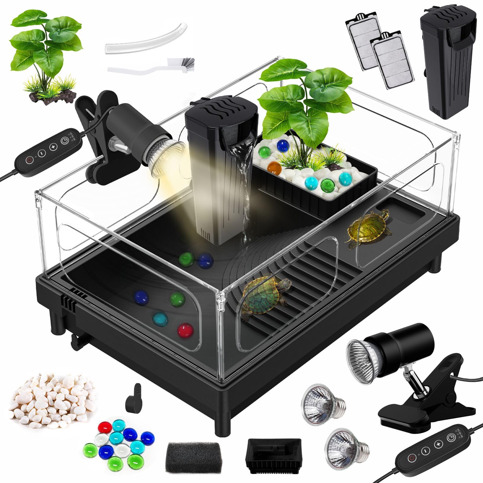 Photo 1 of GOZILLA Small Turtle Tank Kit(Tank+Lamp+Filter), Acrylic Turtle Starter Kit with Adjustable Lamp, Reptile Habitat and Terrarium with Multi-Functional Areas for Small Reptiles. (Black Kit)