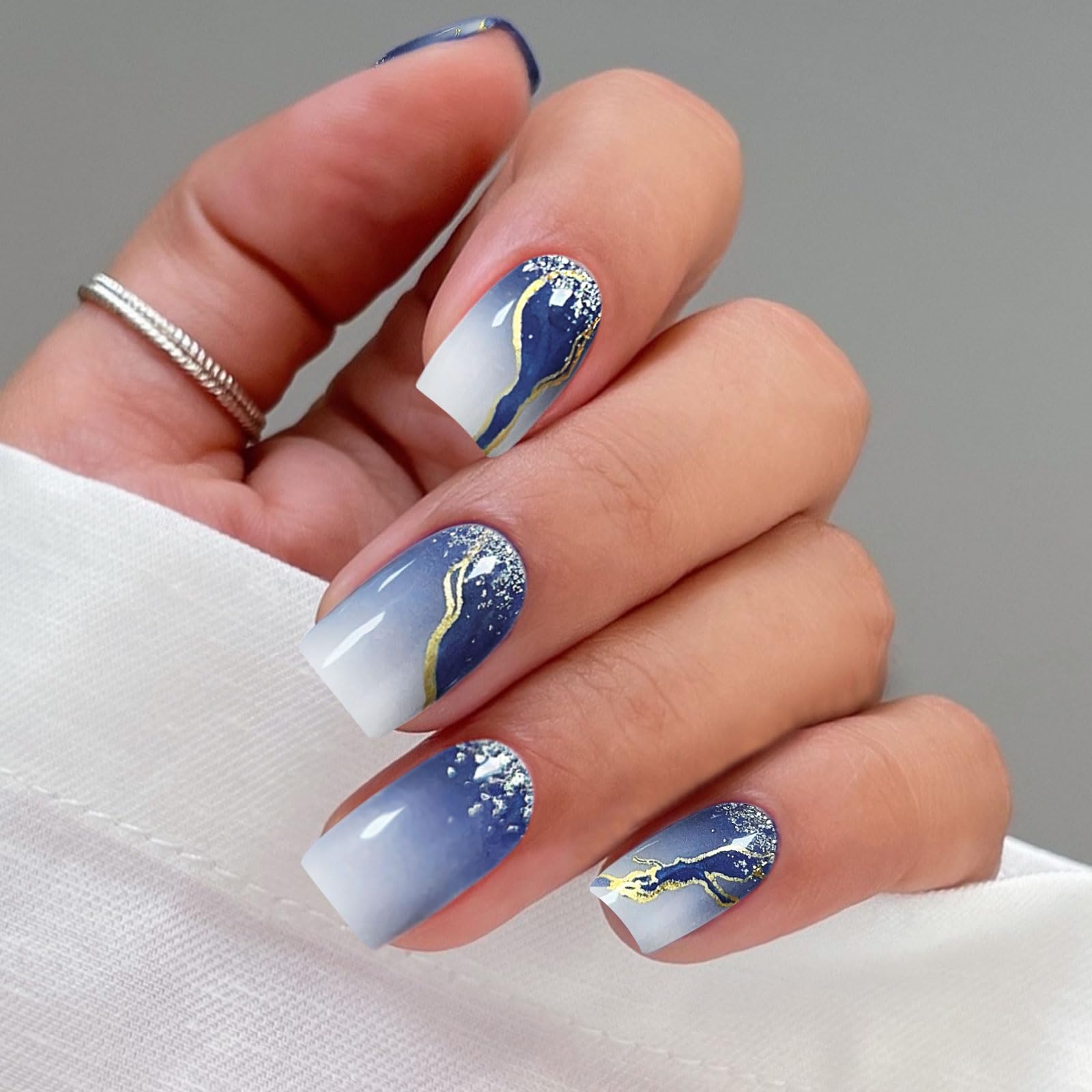 JMEOWIO Gel Nail Stickers Blue White Marble Semi Cured Gel Nail Strips Wraps UV/LED Nails Art Design Decoration Accessories