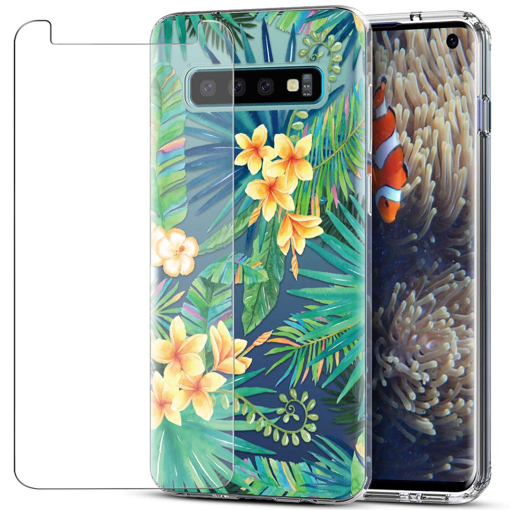 MadBee Galaxy S10 Case + Tempered Glass Screen Protector, Colorful Pattern Printed Design Clear Soft Flexible TPU Protective Cover Case for Samsung Galaxy S10 (Leaf 1)