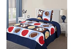 GOLDEN LINENS LLC Golden Linens Twin Size 2 Pieces Quilt Bedspread Set Kids Sports Basketball Football Baseball Boys Girls
