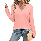 JUSTFASHIONNOW Long Sleeve Shirts for Women Lace V Neck Tunic Tops Dressy Business Casual Blouses Trendy Cute Winter Clothes