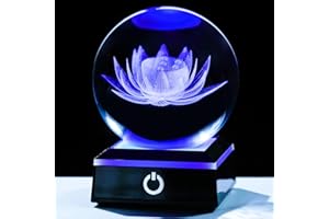 YWHL 80mm 3D Engraving Crystal Lotus Flower Figurine Ball with Light Base, Glass Lotus Flower Gifts for Women for Birthday Decorative Glass Ball Paperweight