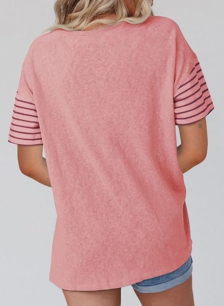 SHEWIN TOPS FOR WOMEN TRENDY 2025 CASUAL CREWNECK SUMMER SHIRTS STRIPED SHORT SLEEVE TEE OVERSIZED TSHIRTS FOR WOMEN LOOSE FIT PINK PURPLE XXL