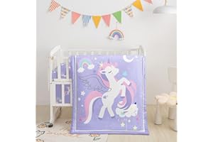 Datura Home Crib Bedding Set, 3-Piece Nursery Bedding with Comforter, Crib Sheet & Skirt, Watercolor Rainbow Unicorn Printed - Unicorn Purple