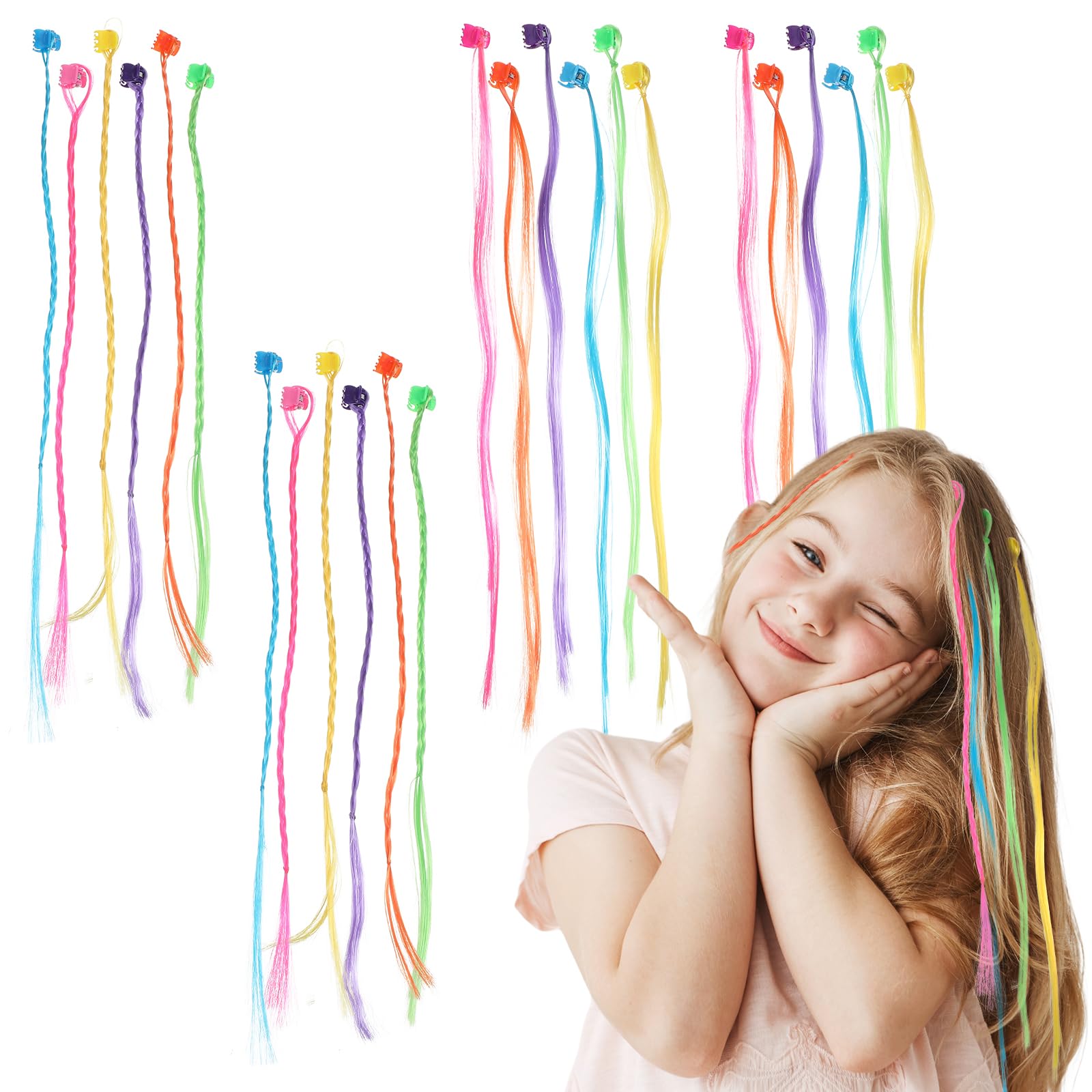 Photo 1 of 24 Pcs Colored Hair Extensions for Kids Hair Accessories for Girls Clip in Colored Hairpieces Girls Nylon Rainbow Clips for Toddler Kids Ponytails Accessories