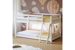 Vantic Floor Bunk Bed with LED Light, Low Bunk Bed with Wide Stairs, Convertible Soild Wooden Toddler Bunk Bed with 6 Hooks, Space-Saving, White