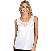 Patricia Lingerie Women's Soft Silky Satin Under Blouse Sleeveless Camisole with V-Neck Floral Lace Trim and Wide Straps