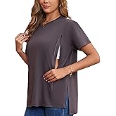 Ecavus Women's Oversized Nursing Shirts for Breastfeeding with Hidden Zipper Short Sleeves Side Splits Maternity Tops