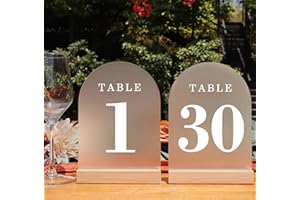 ORGANTEAM Wedding Table Numbers 1-30, Acrylic Arch Signs with Natural Wood Stands Holders, Rustic Table Decor for Reception & Parties (Frosted White)