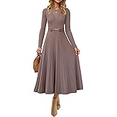 ZESICA Women's Long Sleeve Midi Sweater Dress 2026 Fall Crewneck Knit A Line Pleated Flowy Long Dresses with Belt