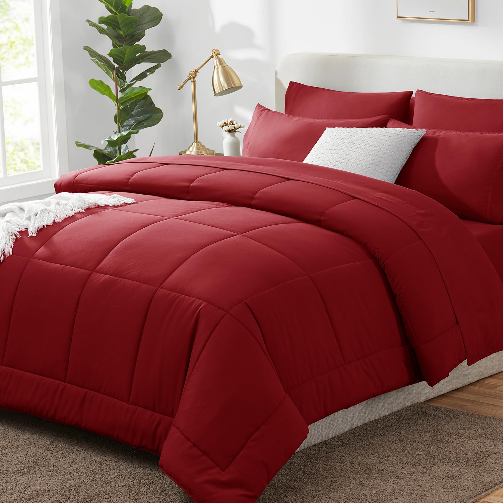 Photo 1 of CozyLux King Size Comforter Set Dark Red, 7 Pieces Bed in a Bag, Red Comforter King Size, All Season Bedding Sets with Stitch Quilted Comforter, Flat Sheet, Fitted Sheet, Pillowcases